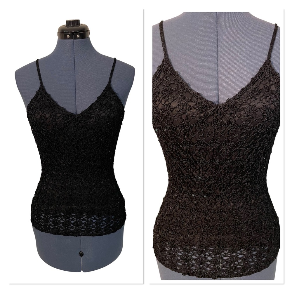 Vtg Y2K Womens Black Crochet Sequin Camisole V Neck Tank Coquette Goth Grunge XS